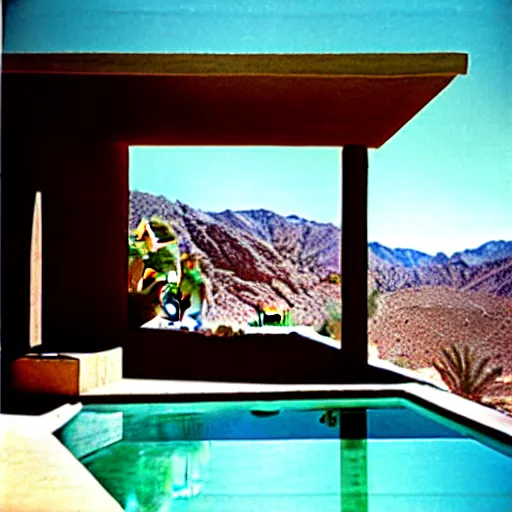 Prompt: hillside desert pavilion, palm springs, metal, glass, stone, large overhangs, beautiful vistas with cacti, rectangular pool, minimal kitchen, sliding glass windows, rust, shadows, tall entry, 8k, realistic, photo by julius shulman, sunbathing beautiful woman