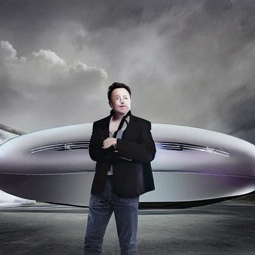 Prompt: a sketch of Elon Musk with a Hyperloop pod on the background. He is standing in a field.