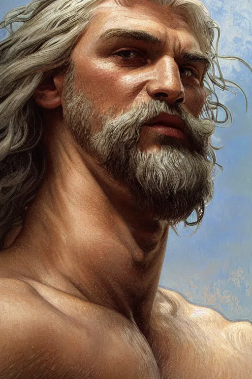 Image similar to painted portrait of rugged zeus, god of thunder, greek god, white hair, masculine, mature, handsome, upper body, muscular, hairy torso, fantasy, intricate, elegant, highly detailed, digital painting, artstation, concept art, smooth, sharp focus, illustration, art by gaston bussiere and alphonse mucha