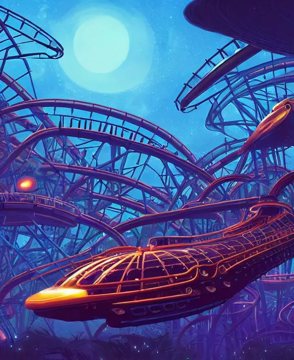 Prompt: a roller coaster made out of alien creatures, biological, in the style of an asymmetrical spaceship, surrounded by fireflies, somber, by dan mumford, yusuke murata, makoto shinkai, ross tran, cinematic, unreal engine, cel shaded, featured on artstation, pixiv