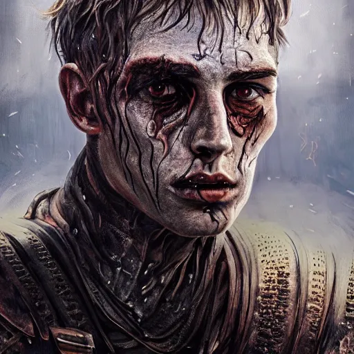 Image similar to portrait painting of a bitter young man with severe burn scars on his face and poorly cut very short hair wearing tattered leather armor, ultra realistic, concept art, intricate details, eerie, highly detailed, photorealistic, octane render, 8 k, unreal engine. art by artgerm and greg rutkowski and charlie bowater and magali villeneuve and alphonse mucha