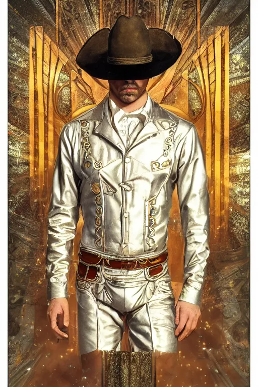 Prompt: a dramatic ethereal epic symmetrical painting of a handsome cowboy in a !silvery! (gold) outfit | tarot card, art deco, art nouveau, (steampunk), homoerotic, realistic | by Dresden Codak, by Mark Maggiori and ((((Alphonse Mucha))) | trending on artstation