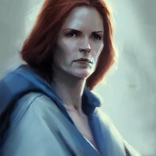 Image similar to portrait of a woman by Greg Rutkowski, old jedi Mara Jade from Star Wars Expanded Universe, she is about 60 years old, wearing blue and white robes, highly detailed portrait, digital painting, artstation, concept art, smooth, sharp foccus ilustration, Artstation HQ