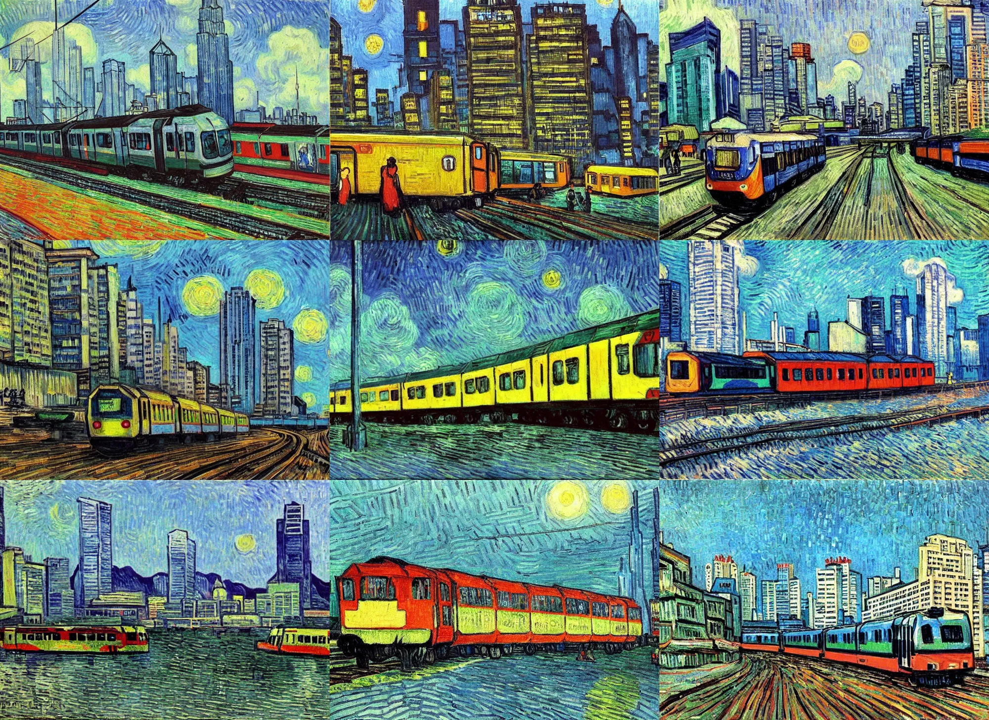 Prompt: modern hong kong train, sorrounded by skyscrapers, painting by van gogh, post impressionism