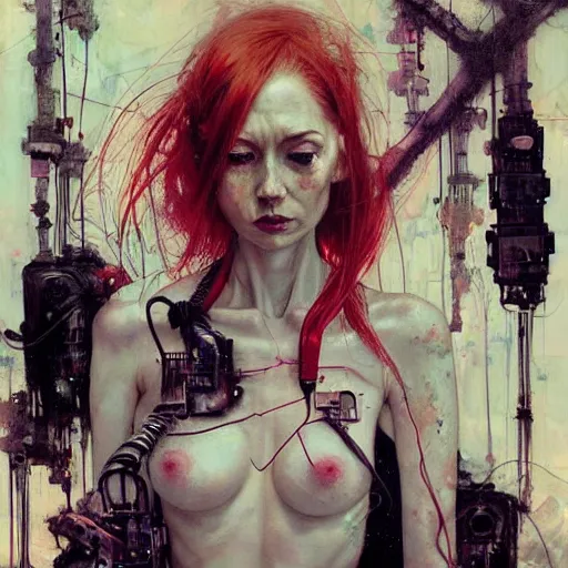 Prompt: karen gillan cyberpunk dreaming, wires cybernetic implants, in the style of adrian ghenie, esao andrews, jenny saville,, surrealism, dark art by james jean, takato yamamoto