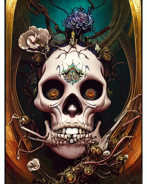 Prompt: perfectly centered portrait front view of a angry dead rotten beautiful female skull growing ornamentation all around, ornate, ornaments, detailed, symmetrical, elegant, beautifully soft lit, by wayne barlowe, peter mohrbacher, kelly mckernan, alphonse mucha