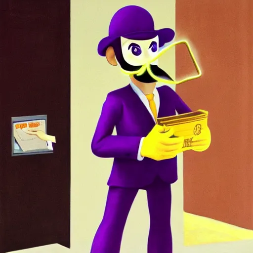 Prompt: Waluigi robbing a bank by Raphael, Hopper, and Rene Magritte. detailed, romantic, enchanting, trending on artstation.