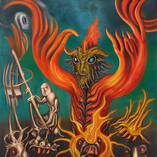 Prompt: medieval bestiary of repressed emotion monsters and creatures starting a fiery revolution in the psyche, surreal oil on canvas