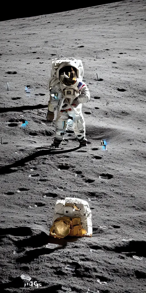 Image similar to super high resolution portrait, chinese astronaut landing on the moon, backlight, background is lunar crater, earth, sky, meteorite crater, lunar module, f 3 2, high detail.