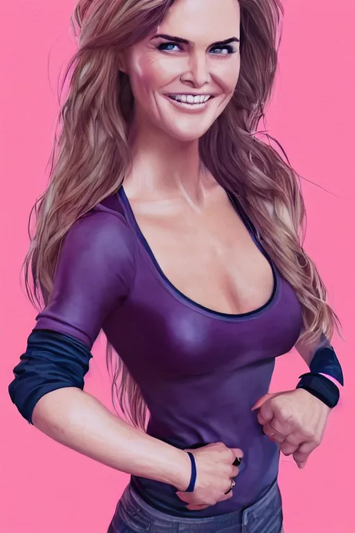 Image similar to mix of beautiful young maria shriver, mariel hemmingway, brooke shields, nicole kidman and elle macpherson as a zumba instructor, thin lips, hair tied up in a pony tail, dark blonde hair, colorful, artstation, cgsociety