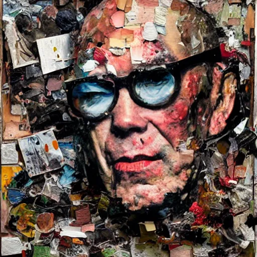 Image similar to hyperrealistic, photorealistic, mixed media oil painting of hunter s. thompson, magazine scraps, plaster, oil, splatter, greg rutkowski