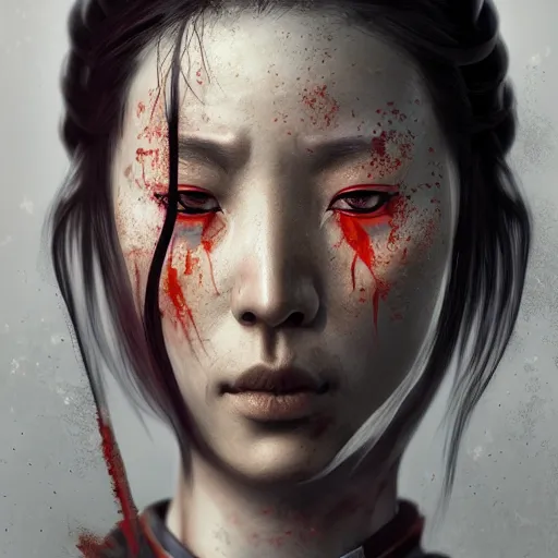 Prompt: Sickly diseased dying female Samurai warrior, portrait by Cedric Peyravernay, highly detailed, excellent composition, cinematic concept art, dramatic lighting, trending on ArtStation