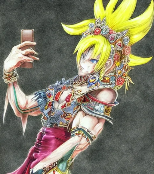 Image similar to kefka palazzo using a smartphone!!!!!!! by yoshitaka amano, concept art