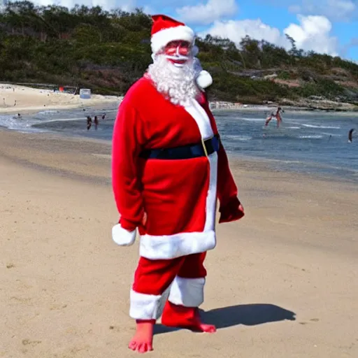 Prompt: surfer santa in a mankini at the beach