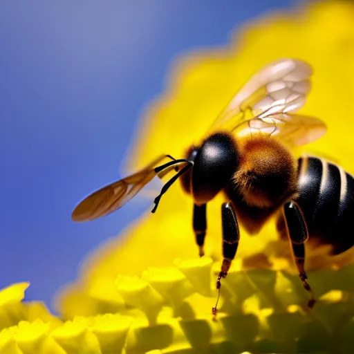 Image similar to macro shot of a robotic bee resting on a flower, global illumination