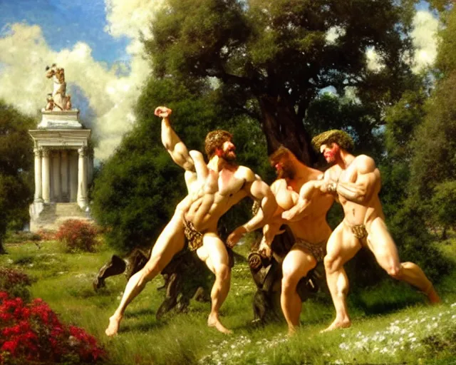 Image similar to muscular hercules and muscular achilles frolic in a meadow of beautiful flowers, large topiary and marble pillars in the background, painting by gaston bussiere, craig mullins, j. c. leyendecker, tom of finland