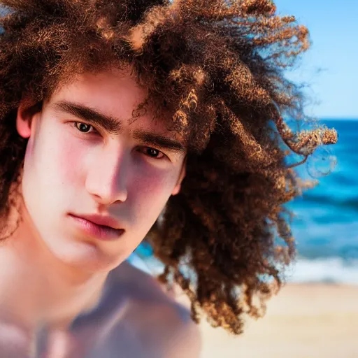 Prompt: portrait of a beautiful teenage boy around 2 0 yo. natural hair, pale skin. beach background. detailed face.