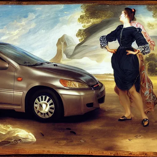 Image similar to heavenly summer sharp land sphere scallop well dressed lady standing next to a honda civic, auslese, by peter paul rubens and eugene delacroix and karol bak, hyperrealism, digital illustration, fauvist, standing next to a honda civic