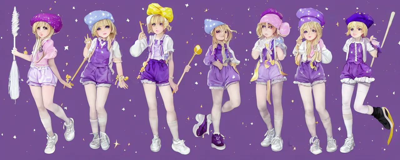 Image similar to A character sheet of full body cute magical girls with short blond hair wearing an oversized purple Beret, Baggy Purple overall shorts, Short Puffy pants made of silk, pointy jester shoes, a big billowy scarf, Golden Ribbon, and white leggings Covered in stars holding a paintbrush. Short Hair. Sunlit. Haute Couture. An artist\'s clothes. Art by william-adolphe bouguereau and Paul Delaroche and Alexandre Cabanel and Lawrence Alma-Tadema and Johannes Helgeson and WLOP. Smooth. Elegant. Highly Detailed. Intricate. 4K. UHD. Denoise.