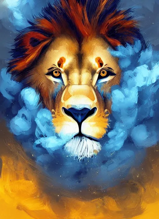 Image similar to a painting of a lion's face with blue and yellow smoke coming out of, a digital painting by petros afshar, behance contest winner, digital art, behance hd, digital illustration, digital painting