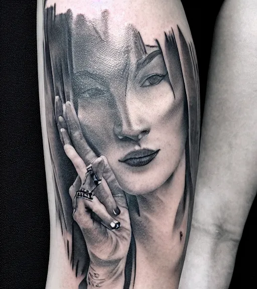Image similar to a beautiful girl faded in a mountain background, realism tattoo, in the style of den yakovlev, black and white, hyper realistic, highly detailed