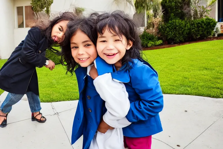 Prompt: two children stacked on top of one another in a trenchcoat buying a los angeles mansion from a real estate agent