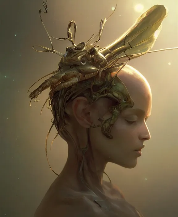 Prompt: simplicity, portrait of an alien insect creature, adorable, childlike, overgrown environment, ultra realistic, concept art, minimalist, photorealistic, octane render, 8 k, unreal engine. art by christopher marley and artgerm and greg rutkowski and alphonse mucha