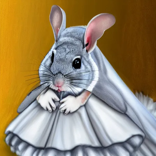 Prompt: a cute chinchilla in a wedding gown, a chinchilla getting married, highly detailed digital painting, 4k