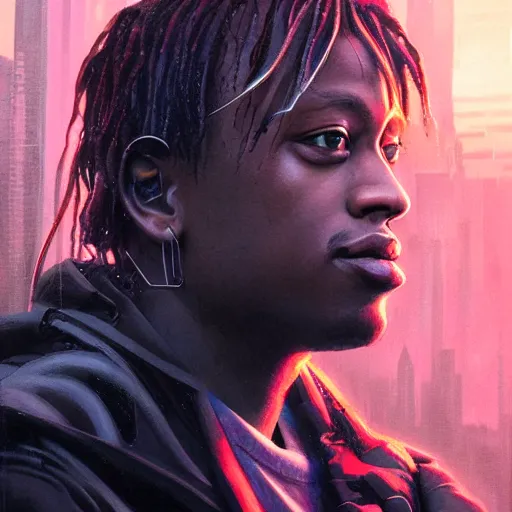 Image similar to cyberpunk, closeup portrait of a juice wrld, dramatic light, city background, sunset, dystopian setting, high contrast, sharp, neuromancer, henry dorsett case, painted by stanley lau, painted by greg rutkowski, painted by stanley artgerm, digital art, trending on artstation