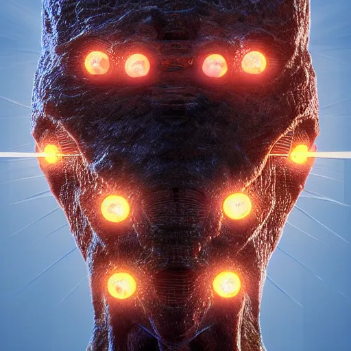 Prompt: zoological portrait of a human insect with symmetrical glowing compound eyes by kuldar leement and ruan jia and brad rigney and micha karcz and brad rigney