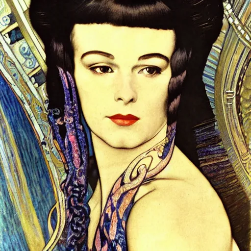 Image similar to louise brooks as cleopatra with coiled serpents beautiful detailed romantic art nouveau lithograph realistic portrait by alphonse mucha, yoshitaka amano, and gustav klimt, photorealism, hauntingly beautiful whirling clouds night sky spirals refined moody dreamscape, digital art