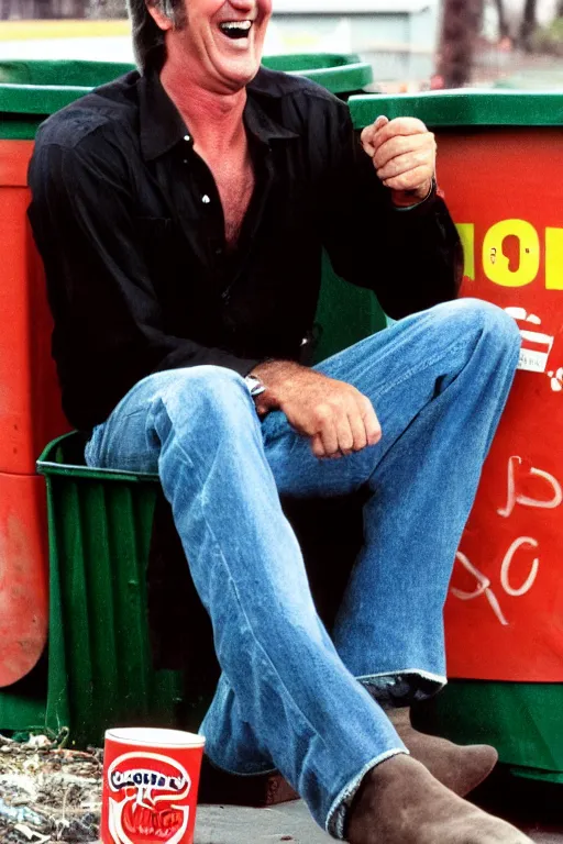 Prompt: randy mantooth laughing sitting in a dumpster drinking beer