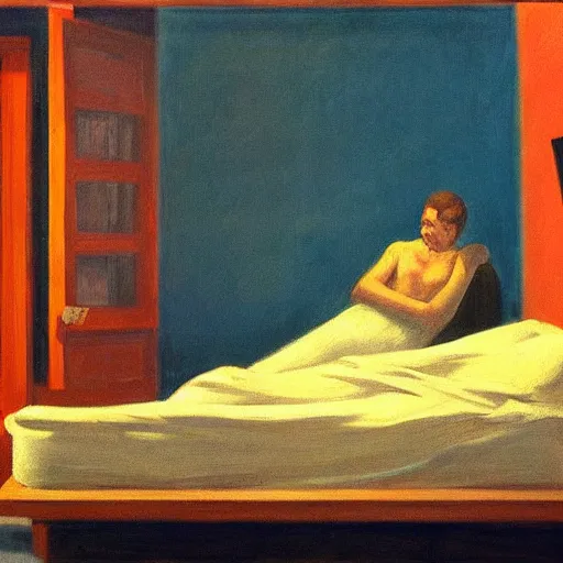 Prompt: a stable diffusion user refusing to sleep even though he can ’ t feel his eyes. in the style of regret and edward hopper. goodnight dreamers 👋💤.