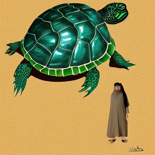 Image similar to arabic person shapeshifting into a turtle, photorealistic, digital art