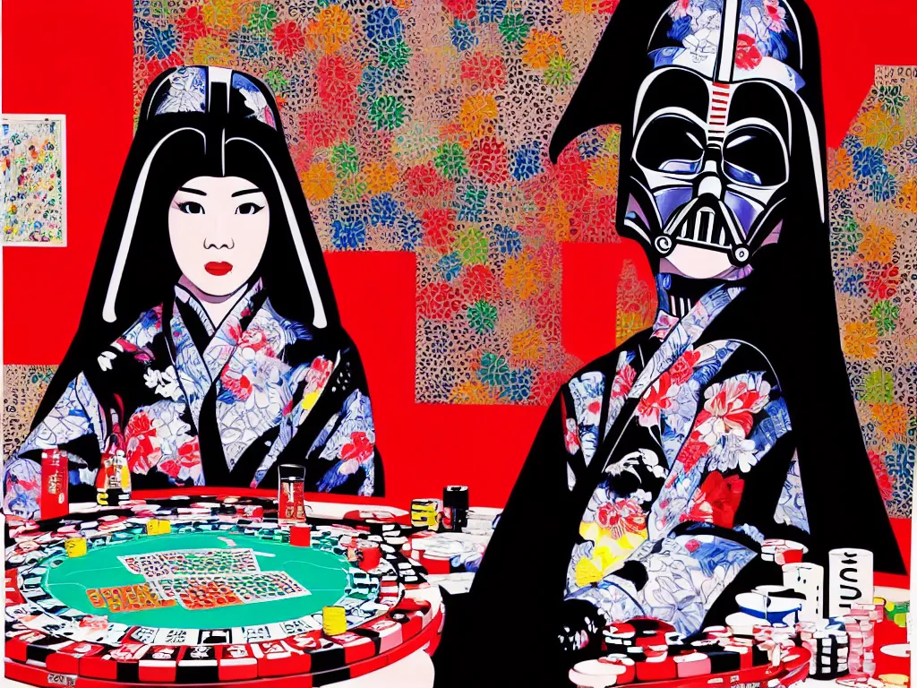 Image similar to hyperrealism composition of the detailed woman in a japanese kimono sitting at an extremely detailed poker table with darth vader, fireworks on the background, pop - art style, jacky tsai style, andy warhol style, acrylic on canvas