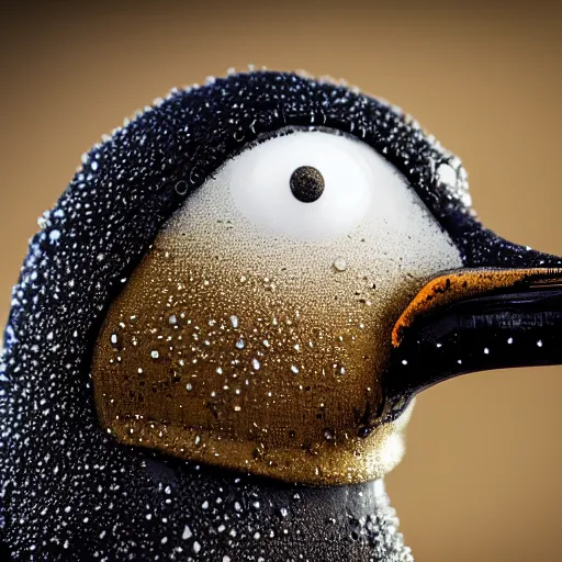 Image similar to photo taken of an epic intricate, ultra detailed, super realistic gritty, wet, lifelike sculpture of a ghoulish cyborg penguin created by weta workshop, zoomed in shots, sublime subsurface scattering, photorealistic, sharp focus, white wall coloured workshop, desaturated, cold colour temperture, f 0. 4, face centred, golden ratio, golden hour