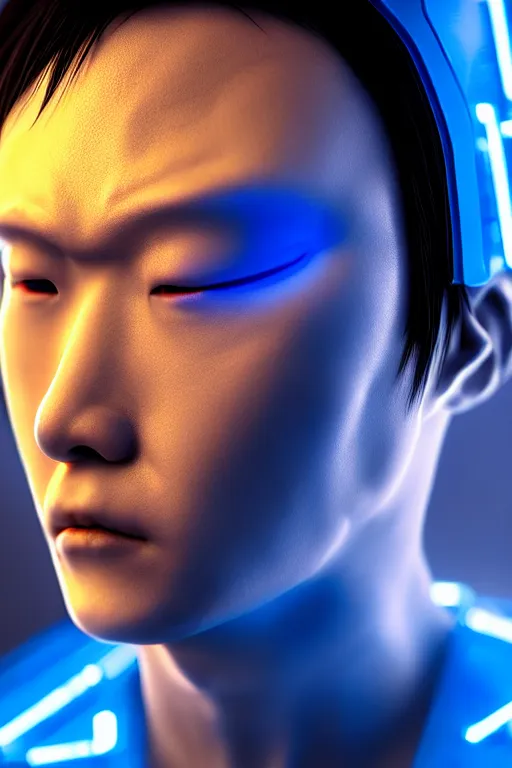 Prompt: hyperrealistic close-up blue glow exoskeleton!! sad chinese man covered highly detailed concept art eric zener elson peter cinematic side soft yellow light high angle hd 8k sharp shallow depth of field