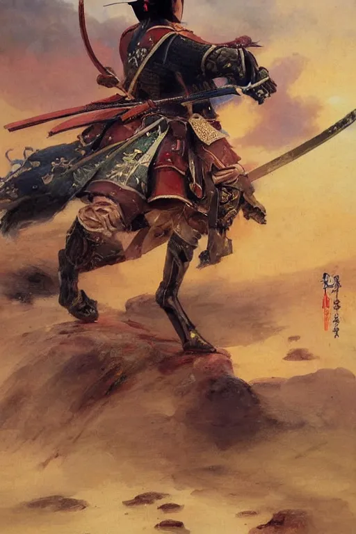 Image similar to close up of a fantasy samurai general in full armor on a battlefield during edo period, by vladimir volegov and alexander averin and delphin enjolras and daniel f. gerhartz