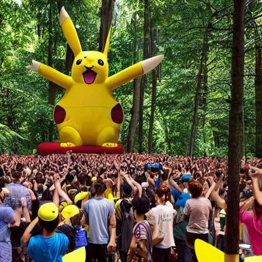 Image similar to photograph of a group of people worshipping a giant pikachu in a forest