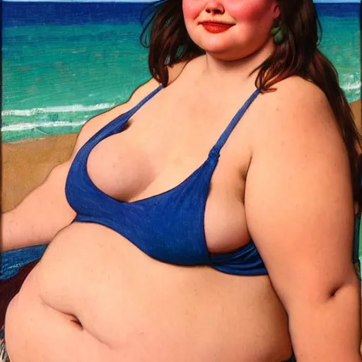 Image similar to portrait of cute 2 0 years old obese courtney cox in red swimsuit sitting on a beach, intricate, hyperdetailed, photorealistic, diffuse lighting, hdrp, artstation, unreal 5, smooth, textless, sharp focus, art by john collier, albert aublet, krenz cushart, artem demura, alphonse mucha