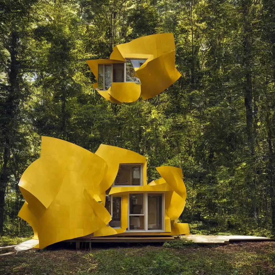 Image similar to a tiny tiny house in clearing, designed by Frank Gehry. Tiles. Film grain, cinematic, yellow hue