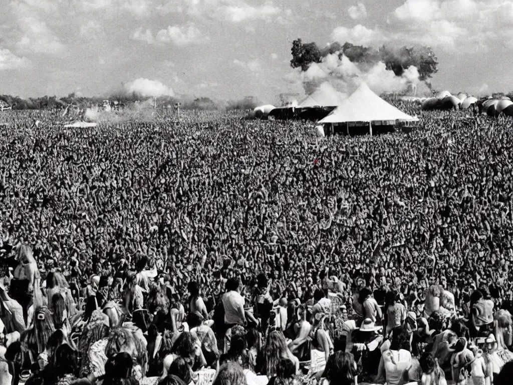 Prompt: 70s photo of trippy hippy festival Woodstock stage show with giant psychedelic mushrooms
