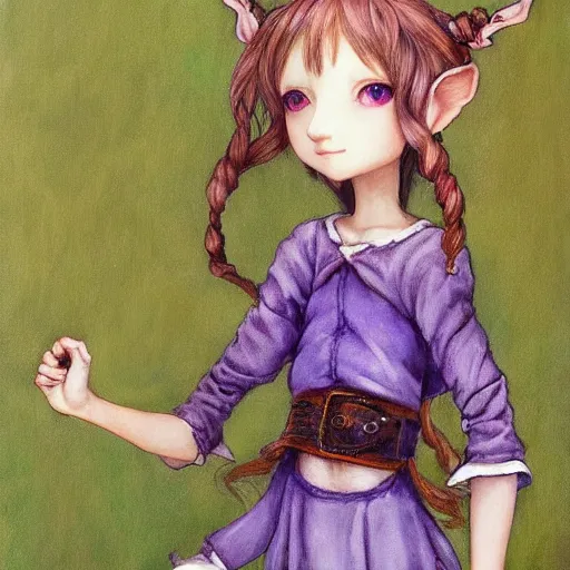 Image similar to little elf tomboy, purple tunic, soft hair. light color palate, detailed soft painting, ayami kojima, made in abyss, anatomically correct, inspired in balthus