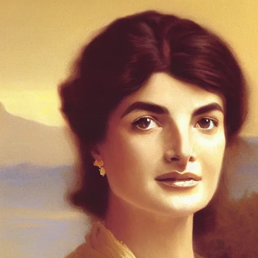 Prompt: painting of jacqueline kennedy. art by william adolphe bouguereau. during golden hour. extremely detailed. beautiful. 4 k. award - winning.