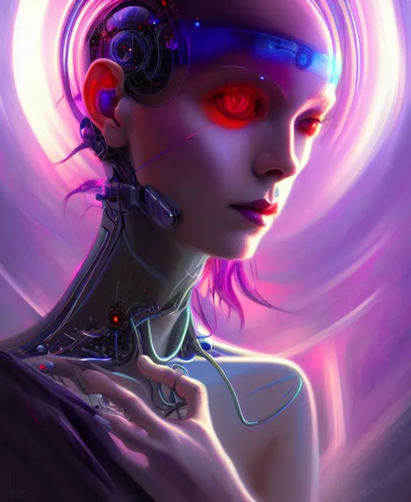 Image similar to a whirlwind of souls rushing inside the metaverse, hologram, half body, neurochip, shaved temple, piercing, jewelry, android, cyborg, cyberpunk face, by loish, d & d, fantasy, intricate, elegant, highly detailed, colorful, digital painting, artstation, concept art, art by artgerm and greg rutkowski and alphonse mucha