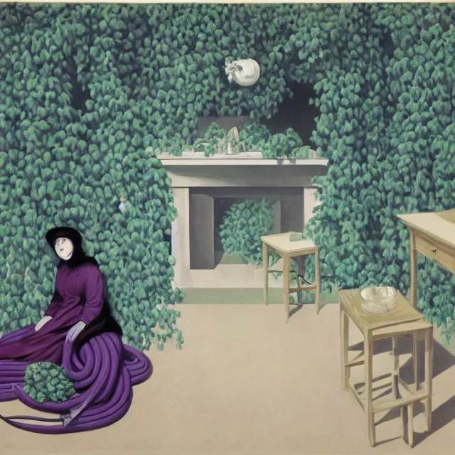 Image similar to a female pathology student in her apartment, wild berry vines, pig, black walls, ikebana, pear, snakes, black armchair, sculpture, acrylic on canvas, surrealist, by magritte and monet