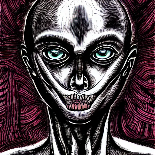 Image similar to a dark humanoid, hyper detailed, in the style of h. r. giger and junji ito and h. r. giger and junji ito, selfie