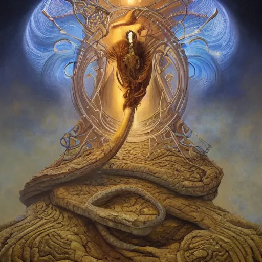 Image similar to The portal master tarot card by Tomasz Alen Kopera and Salvador Dali and moebius, impressive perspective, seen from above, masterpiece, 8k, dynamic lighting, Highly Detailed, trending on artstation
