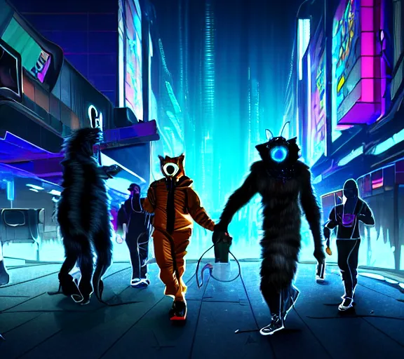 Image similar to high - resolution photograph from a cyberpunk era furry fandom convention ( midwest furfest 2 0 4 7 ), taking place after the genetic revolution and quantum singularity. photorealistic.