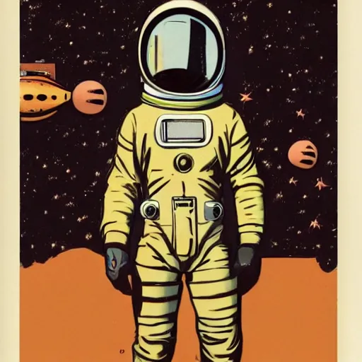 Prompt: 1950's astronaut, comic book texture, 4k symmetrical full body portrait, Ashley wood, Mike mignola, trending on artstatio, Norman Saunders,
